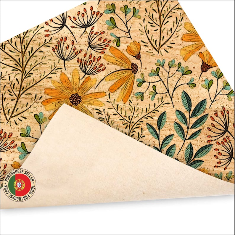 May include: Cork sheet with a floral pattern featuring yellow flowers, green leaves, and black stems. The design is printed on a textured, light brown surface. The bottom corner reveals a plain, off-white underside.
