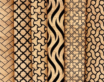 Printed Cork Fabric, Black Pattern, Natural Cork Leather