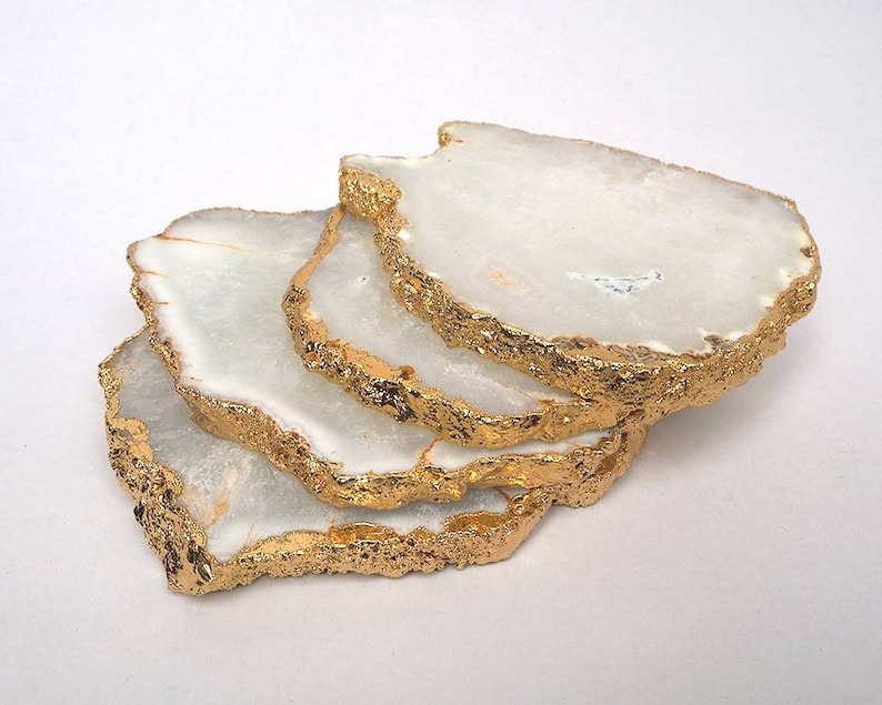 Set of 4 pcs and 6 pcs White Agate Coaster Gold Electroplated.