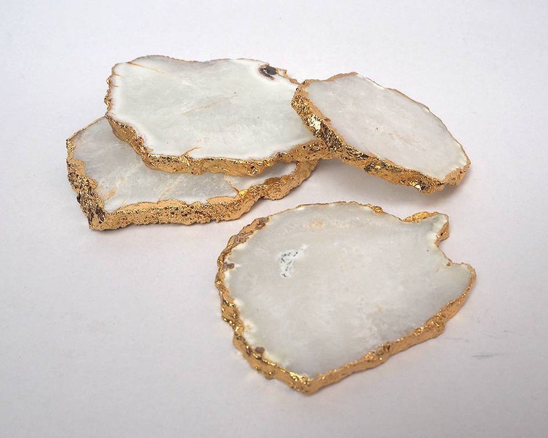 Set of 4 pcs and 6 pcs White Agate Coaster Gold Electroplated.