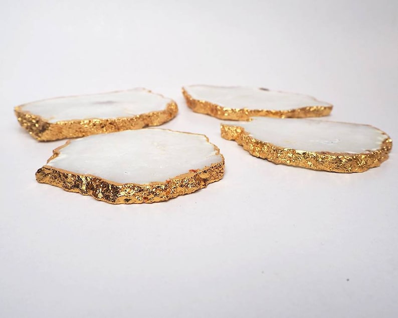 Set of 4 pcs and 6 pcs White Agate Coaster Gold Electroplated.