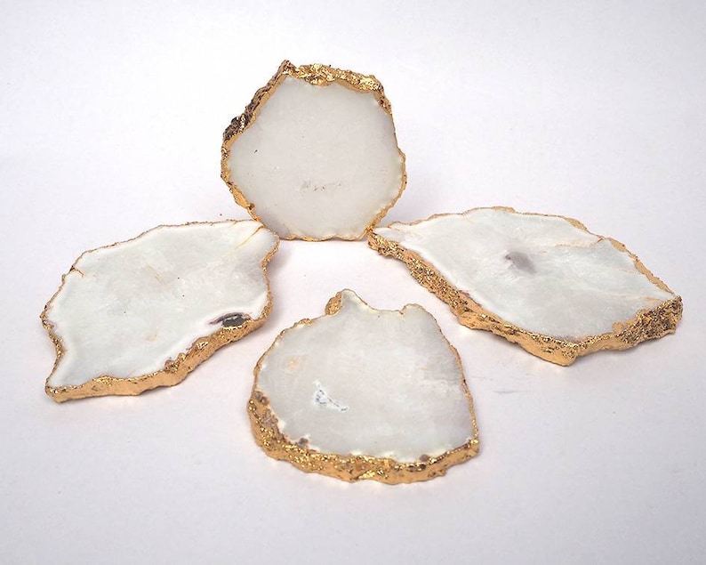 Set of 4 pcs and 6 pcs White Agate Coaster Gold Electroplated.