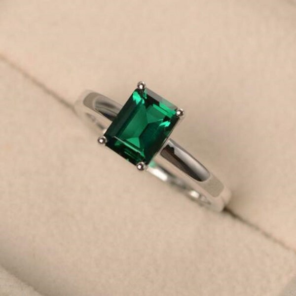Solitaire Emerald and Silver Ring Etsy
