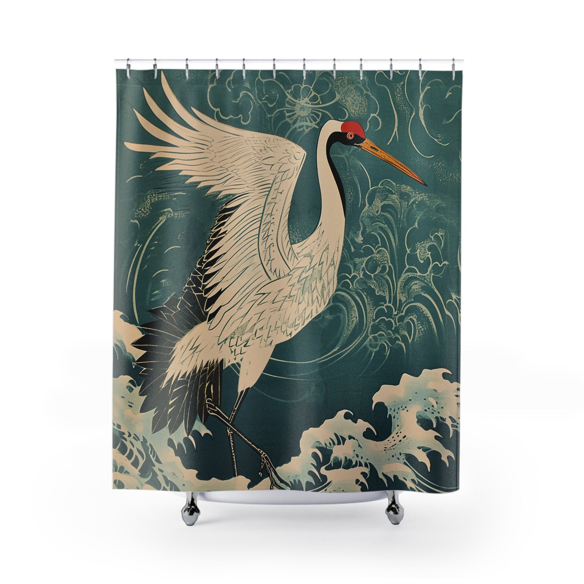 Japanese Shower Curtains With Crane Bird Woodblock Print Unique Vintage