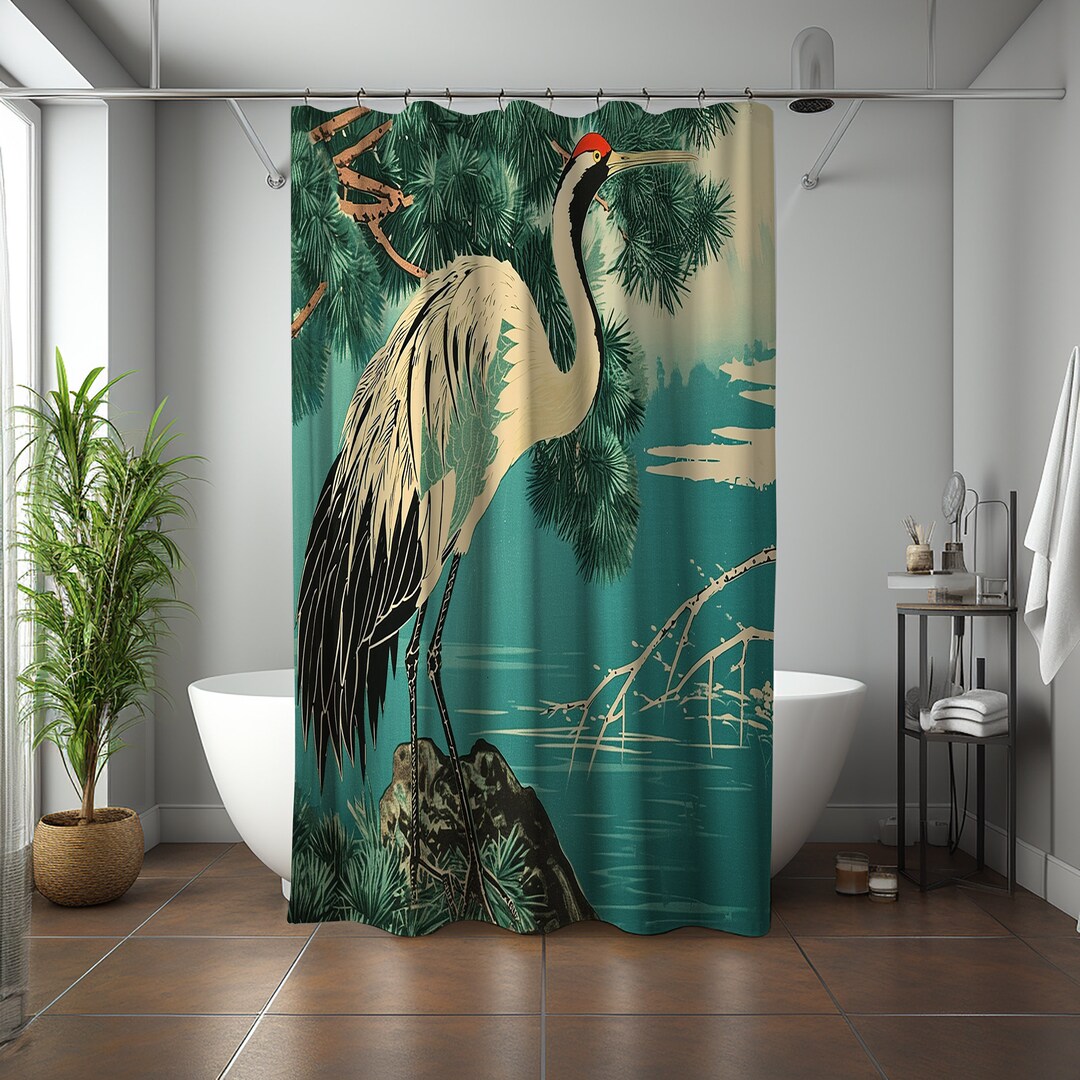 Crane Unique Shower Curtains Original Japanese Wood Block Print Design