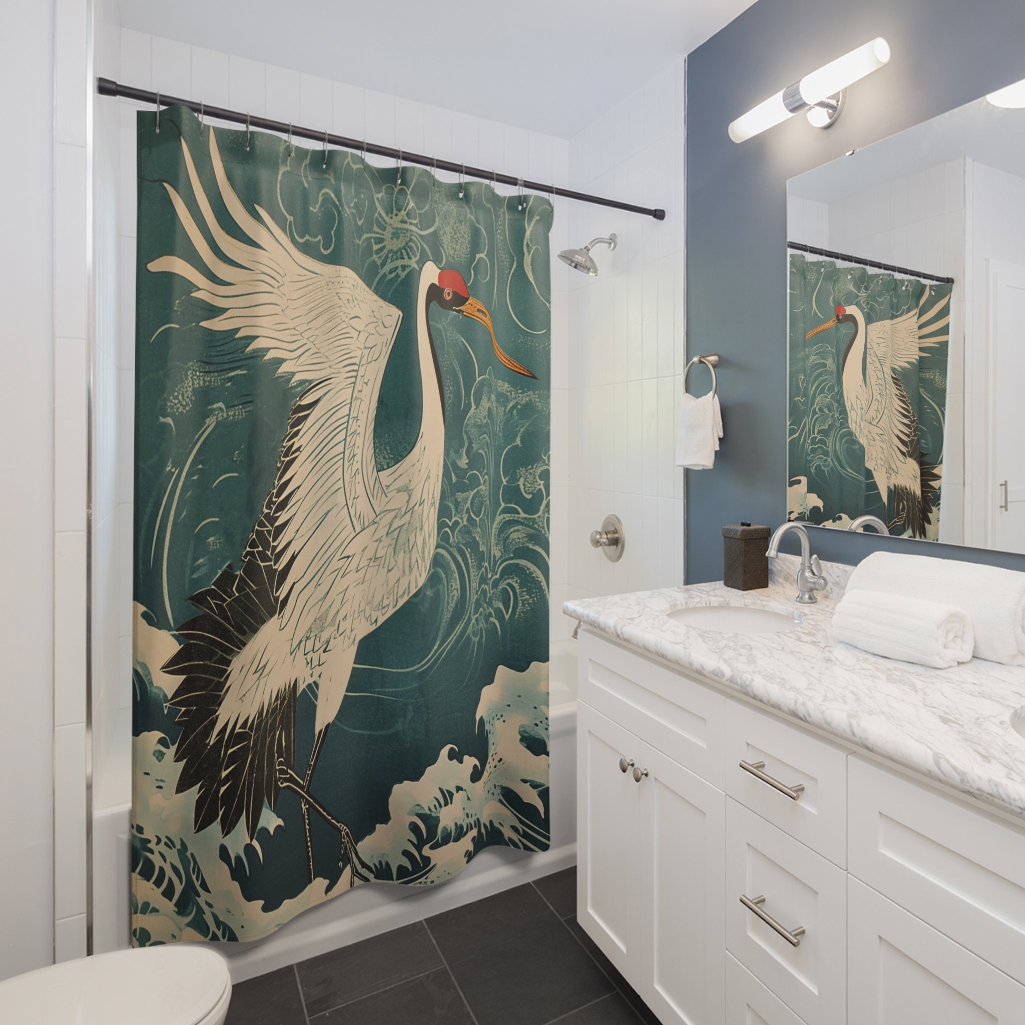 Japanese Shower Curtains With Crane Bird Woodblock Print Unique Vintage