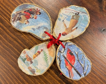 Oyster Shell Christmas Ornament | Coastal Holiday Decor | Christmas Ornament | Decoupage Christmas Ornament