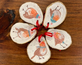 Oyster Shell Christmas Ornament | Coastal Holiday Decor | Bird Christmas Ornament | Decoupage Christmas Ornament