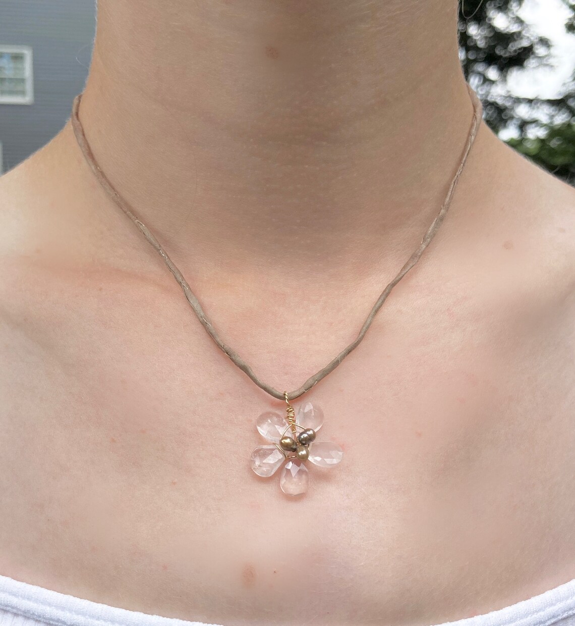 Rose Quartz Flower Pendant Unique Beaded Necklace Handmade Jewelry