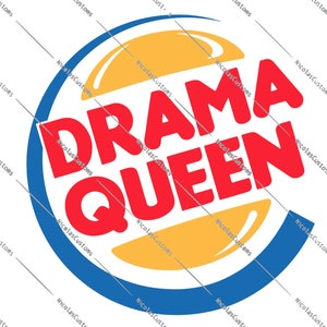 May include: A red and blue logo with the words "DRAMA QUEEN" in a bold red font. The logo is similar to the Burger King logo.
