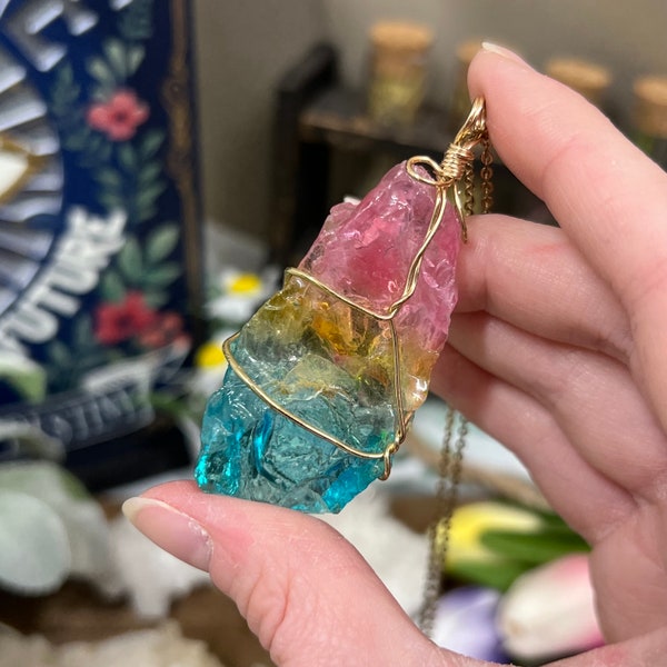 Wire Wrapped Aura Quartz Necklace | Rainbow Aura Quartz | Crystal Necklace