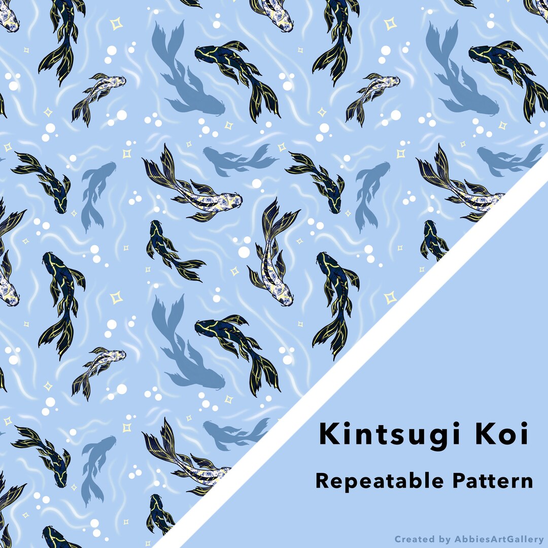 Kintsugi Fish Kintsugi Koi Fish Seamless Pattern: Pastel Blue Design (digital ...