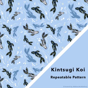 Könnte beinhalten: Ein hellblaues, wiederholbares Muster mit stilisierten Koi-Karpfen in Schwarz, Weiß und Gold. Das Design umfasst Schatten und Blasen, mit dem Text "Kintsugi Koi Repeatable Pattern" in der unteren rechten Ecke.