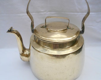 Enormous French Quality Solid Brass Tin Lined Kettle , Large Antique French Stove Brass Kettle, Beautiful Goose Neck Stove Kettle