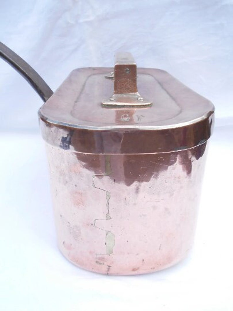 Antique Copper Tin Lined French Daubiere / Casserole Pot with Original Lid & Bronze Handles, Great Condition, Normandy Copper image 5