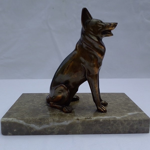 Vintage French Art Deco Dog Statuette on Marble Base, Vintage French Decor, Art Deco