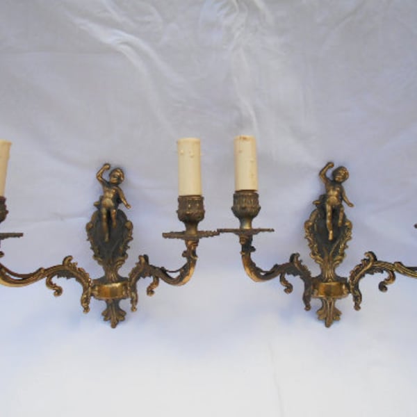 Pair of French Bronze Angel/Cherub Sconces - Wall Lights, Unique Decor, Elegant Bronze Sconces, Set of 2