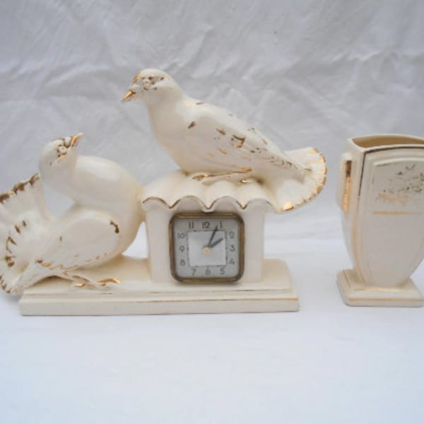 Vintage French Art Deco Mantle Clock Two Doves with Vase Garniture
