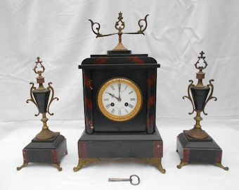 Antique A La Gerbe D'or A Chapus French Slate Marble and Bronze Garniture Set, Circa 1900
