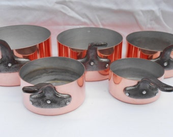 Lot de 5 casseroles en cuivre recouvertes d'étain, vintage, 2 mm d'épaisseur, lourdes de plus de 6 kg, cuivre normand