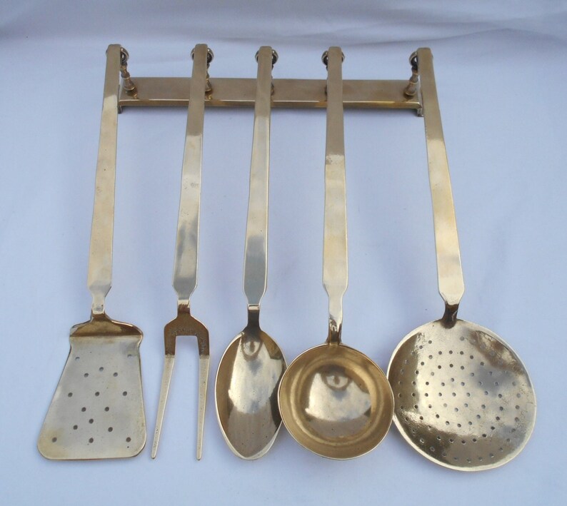 Vintage French Brass Kitchen Utensil Set, Quailty Set of 5 Brass