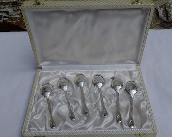 Vintage set van 6 Franse zilveren plaat theelepels - Boxed, Elegant Frans bestek, Vintage zilverwerk, gevonden in Normandië