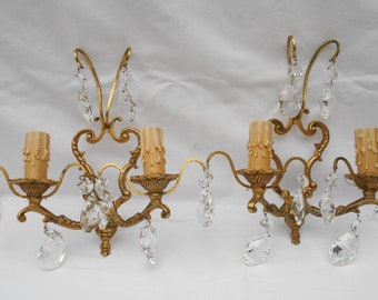 Vintage French Pair of Bronze and Crystal Droplets Double Arm Wall Sconces/Wall Lights, Elegant Bronze Sconces, Unique Decor