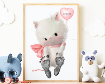 Kit personnalisé d'empreinte de bébé chaton | Cadeau souvenir bébé | Impression murale animal mignon, pépinière, douche de bébé, baptême, baptême Poster