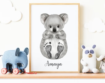 Kit personnalisé d'empreinte de bébé Koala | Cadeau souvenir bébé | Impression murale animal mignon, pépinière, douche de bébé, baptême, baptême Poster