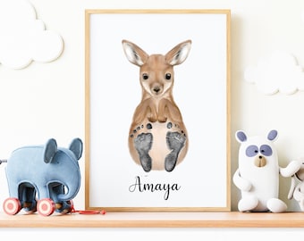 Kit personnalisé d'empreinte de bébé kangourou | Cadeau souvenir bébé | Impression murale animal mignon, pépinière, douche de bébé, baptême, baptême Poster