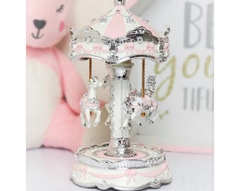 Silver and Pink Musical Carousel | Horse Music box, Christmas, Nursery Decor Music Carousel, Baptism Christening, Gift for girl, Baby Gift