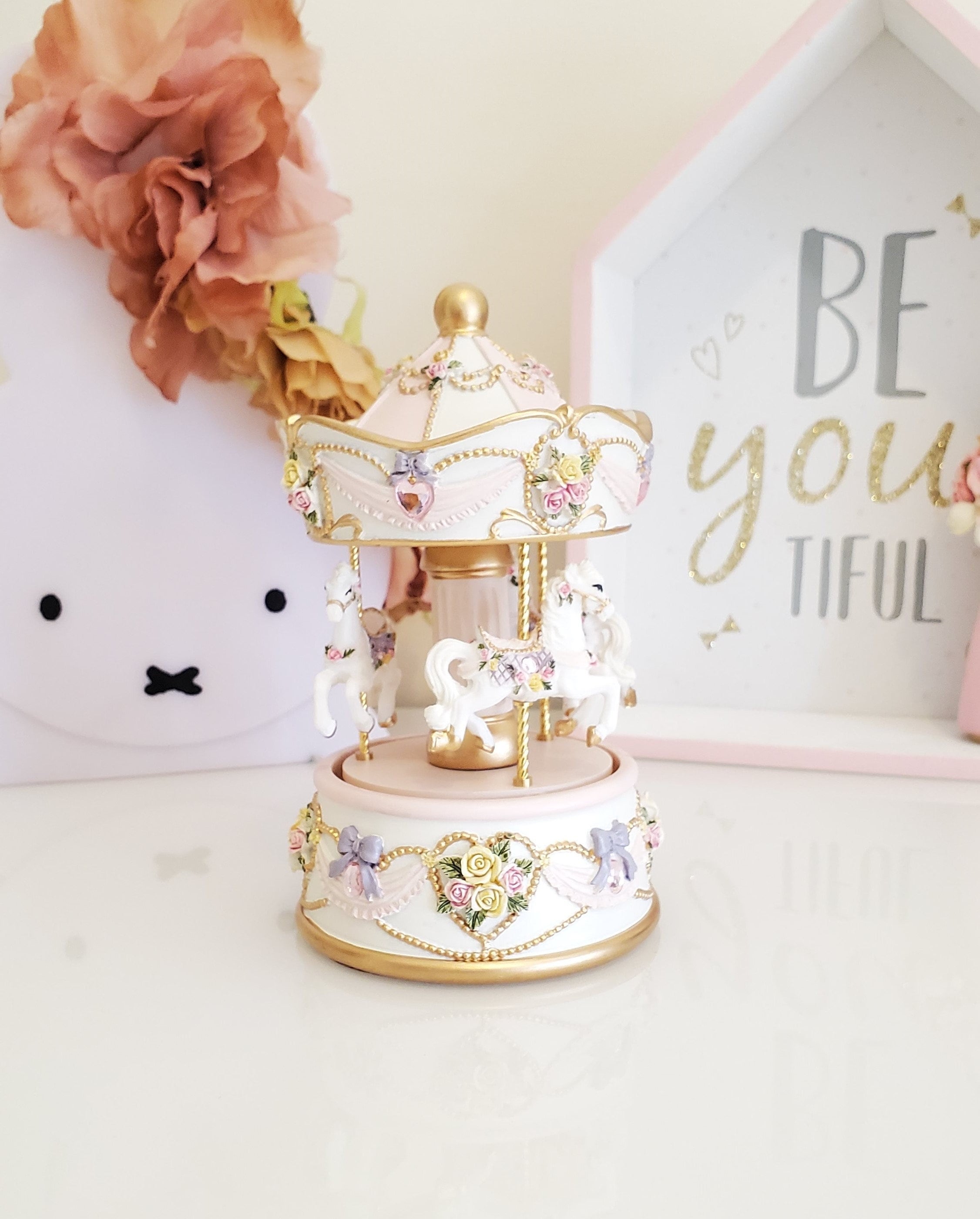 Pink Rose Musical Carousel | Horse Musical carousel | Nursery, music box, Christening, new baby gift, girl gift, christmas, baptism gift