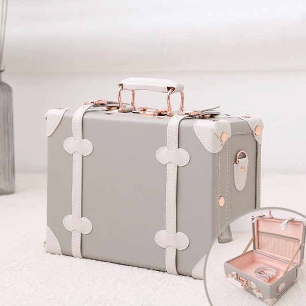 Personalised Grey and Rose Gold Suitcase | Vintage Pink, Baby Keepsake Memory Case, Christening New Baby Gift Baptism Girls Trunk, luggage
