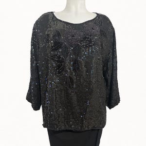 Vintage 1980s Black Sequin Beaded Silk Top – Floral Embellished Party Blouse by Pearle – Size M/L