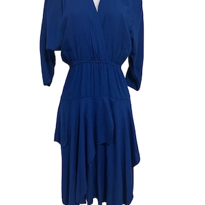 Vintage 80s Royal Blue Dress – Phoebe Petites – Draped Hem, Dolman Sleeves, Rayon – Size S/M