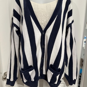 Vintage Claiborne Navy & White Striped Cardigan – Made in USA – XL – 90s Cotton Knit