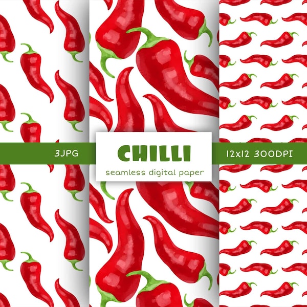 Chili digital paper pack,Red hot pepper seamless pattern Digital Download,Printable scrapbook paper digital background commercial license