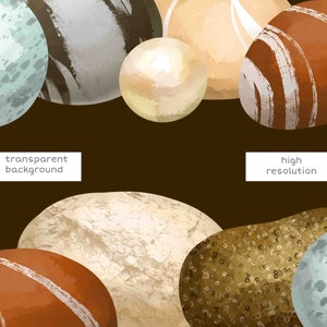 May include: Abstract watercolor illustration of various shapes and colors. The shapes are reminiscent of stones and pebbles. The colors are a mix of beige, brown, white, and light blue. The background is dark brown. The text 'transparent background' and 'high resolution' is visible in the image.