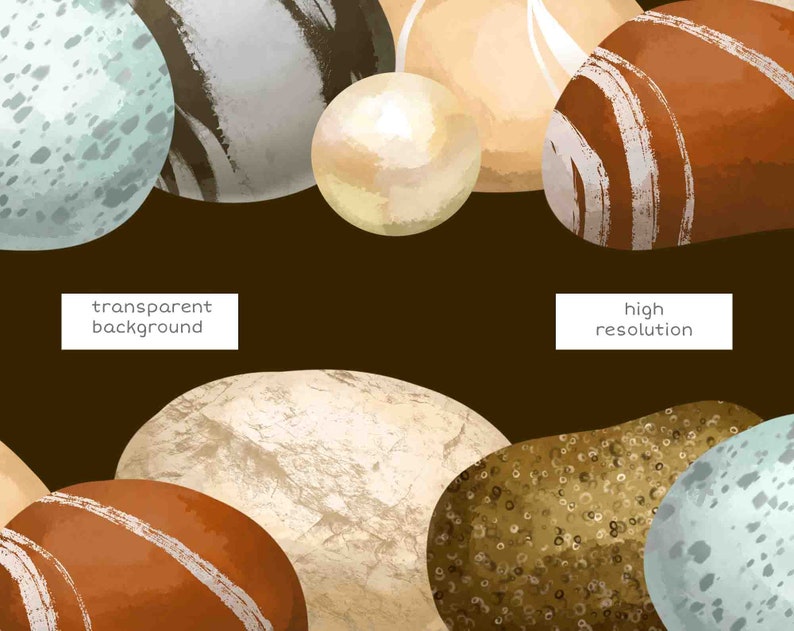 May include: Abstract watercolor illustration of various shapes and colors. The shapes are reminiscent of stones and pebbles. The colors are a mix of beige, brown, white, and light blue. The background is dark brown. The text 'transparent background' and 'high resolution' is visible in the image.