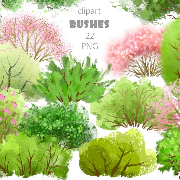 Cute bushes png clipart commercial use,Shrub digital file greenery clipart,Summer plant watercolor illustration sublimation digital download