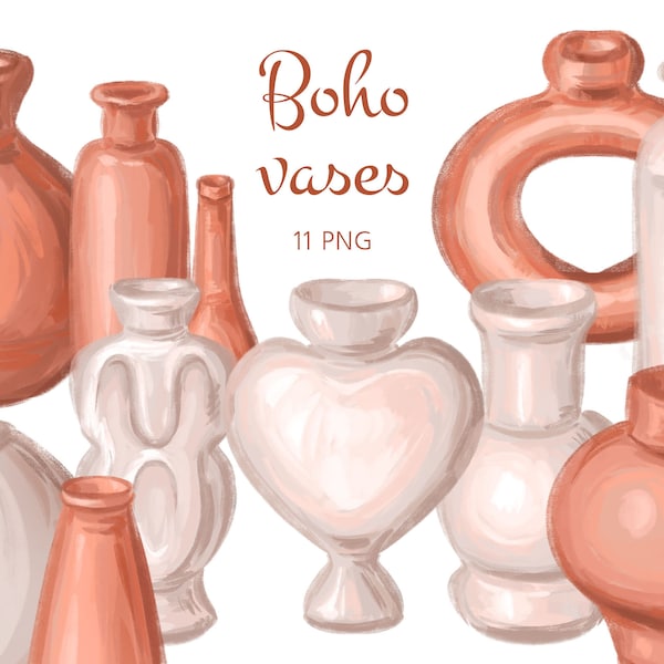 Clay boho png clipart,Vintage white and terracotta vases png,Digital watercolor jar clipart,Pottery handmade ceramic vase png,Commercial use