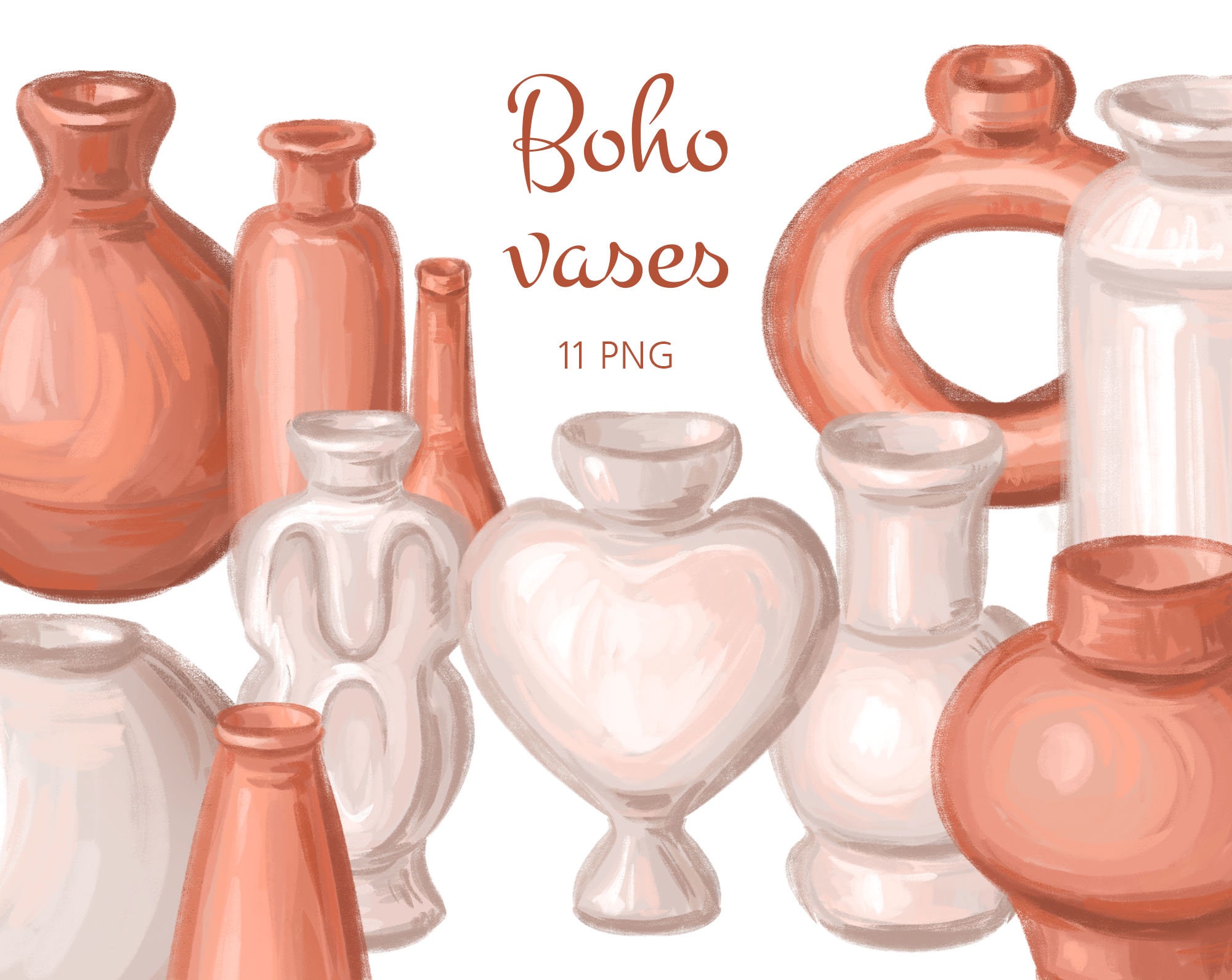 Clay Boho Png Clipart,vintage White and Terracotta Vases Png,digital Watercolor Jar Clipart