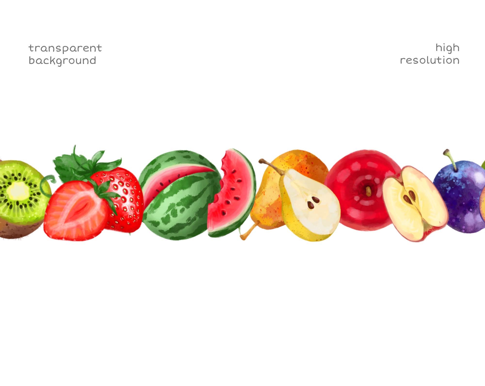 Summer Fruit Clipart Png Seamless Designs,watercolor Fruit Border Clipart  Digital Download,fruit Png Seamless Files Commercial Use 