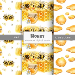 Honey digital paper pack bee seamless pattern,Honey digital background Bee scrapbook paper,Honey wallpaper digital download commercial use