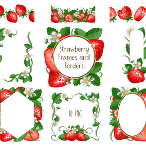 Cadres numériques fraise et bordures transparentes clipart png, couronne florale d'été png clipart, cadres de mariage téléchargement numérique utilisation commerciale