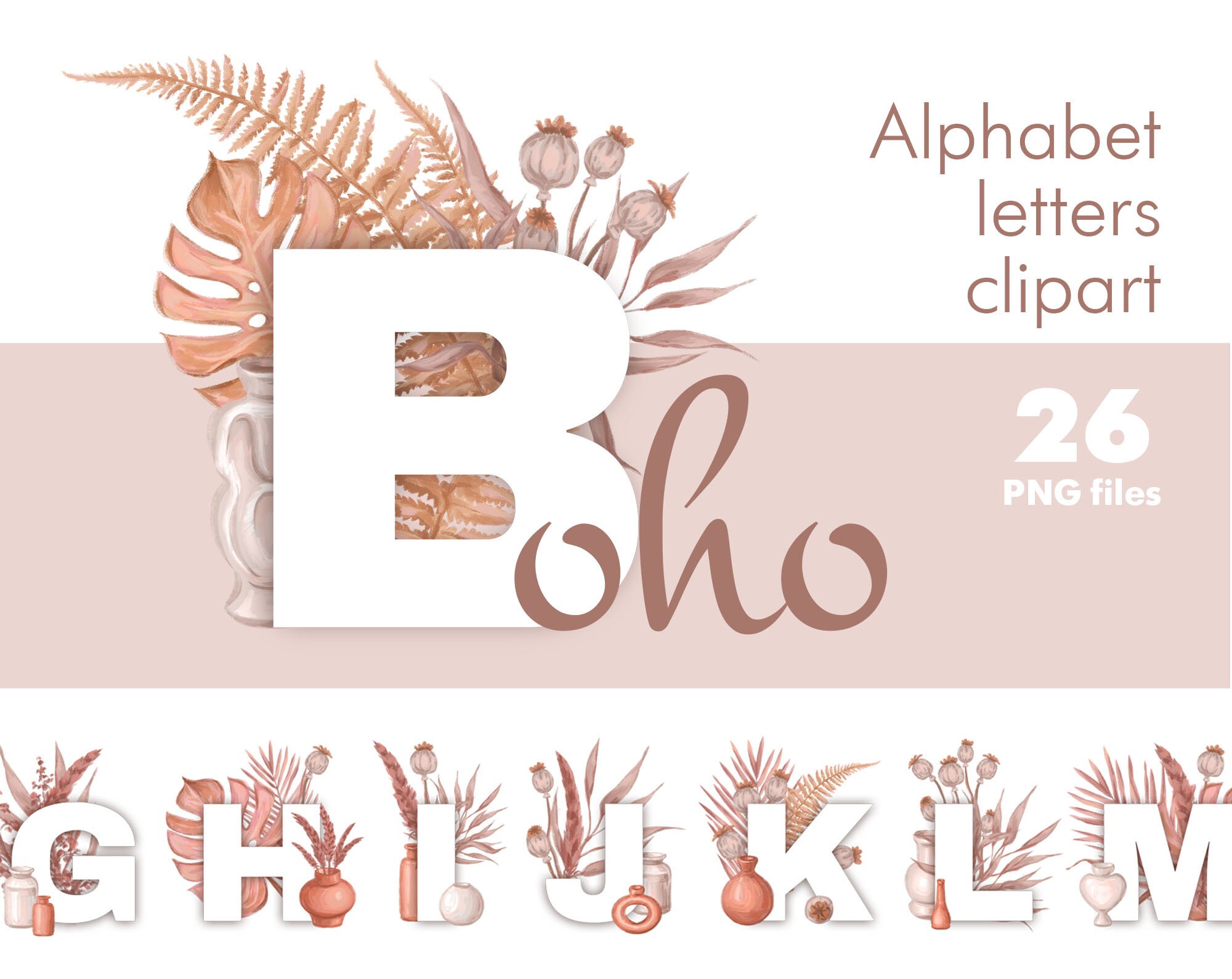 Floral alphabet clipart png boho style floral letters png | Etsy
