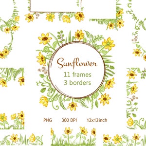 Sunflower digital frames png and doodle sunflower seamless border clipart,Summer floral wreath png clipart,Digital download commercial use.