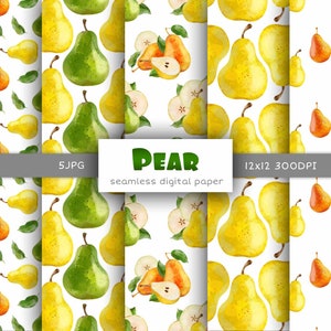 Modello senza cuciture della frutta estiva della carta digitale della pera, file senza cuciture dello sfondo della pera dell'acquerello, download digitale stampabile della pera uso commerciale