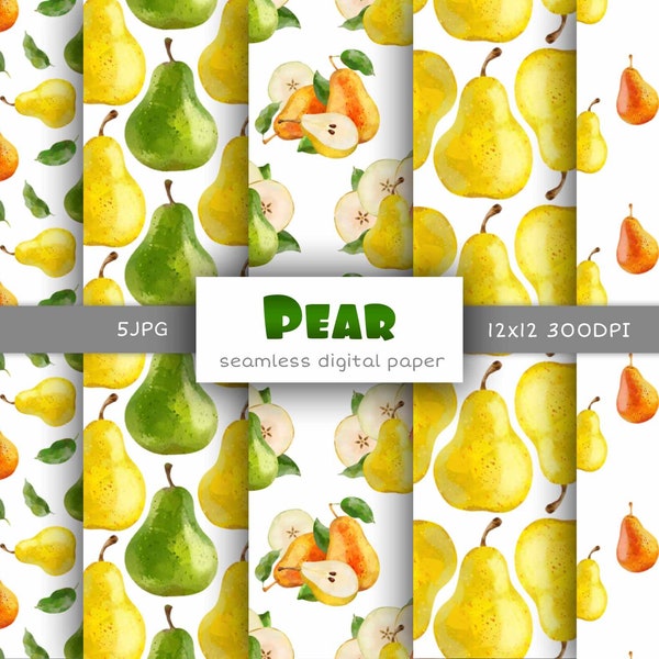 Pear digital paper summer fruit seamless pattern,Watercolor pear background seamless files,Pear printable digital download commercial use