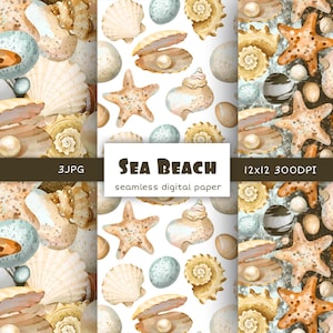 Beach digital paper and watercolor sea shell seamless pattern,Nautical digital background,Ocean printable scrapbook paper Commercial use